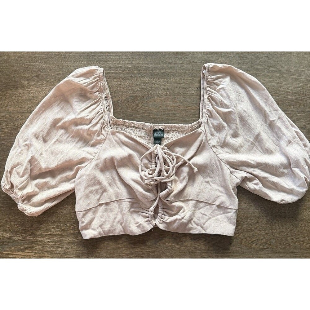 Wild Fable Puff Sleeve Crop Top Ruched Tie Front Coquette Cottagecore